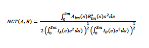 NCC(A,B) = \frac{\int_0^{Sm} [ A_{lm}(s) B_{lm}^{*} + A_lm(s)^(*) B_lm ] (s) s^2 \mathrm{d}s}{2 \left( \int_0^{Sm} I_{A}(s) s^2 \mathrm{d}s \right)^{\frac{1}{2}} \left( \int_0^{Sm} I_{B}(s) s^2 \mathrm{d}s \right)^{\frac{1}{2}} }